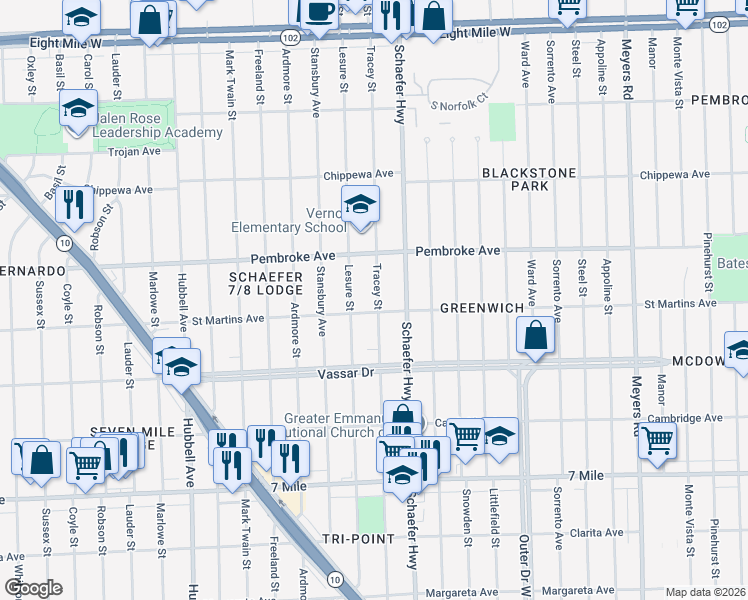 map of restaurants, bars, coffee shops, grocery stores, and more near 19701 Tracey Street in Detroit