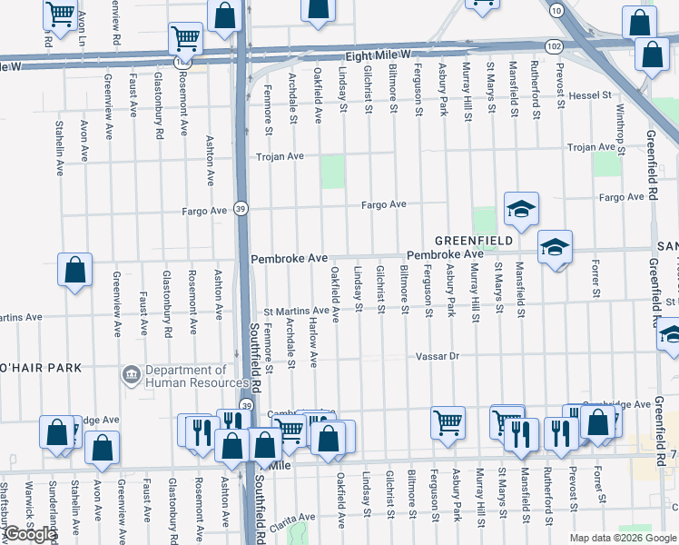 map of restaurants, bars, coffee shops, grocery stores, and more near 19765 Oakfield Avenue in Detroit