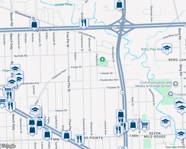 map of restaurants, bars, coffee shops, grocery stores, and more near 19913 Fenton Street in Detroit