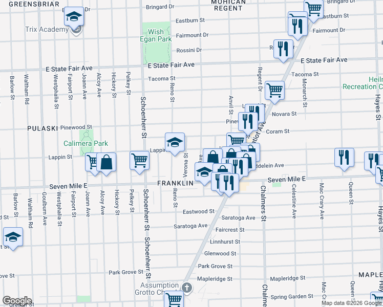map of restaurants, bars, coffee shops, grocery stores, and more near 19208 Verona Street in Detroit