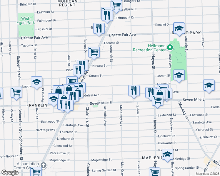 map of restaurants, bars, coffee shops, grocery stores, and more near 14529 Maddelein Street in Detroit