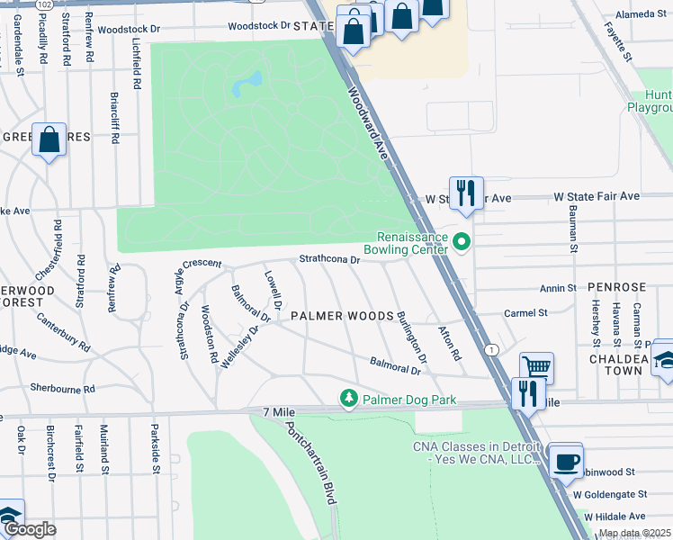 map of restaurants, bars, coffee shops, grocery stores, and more near 19494 Suffolk Drive in Detroit