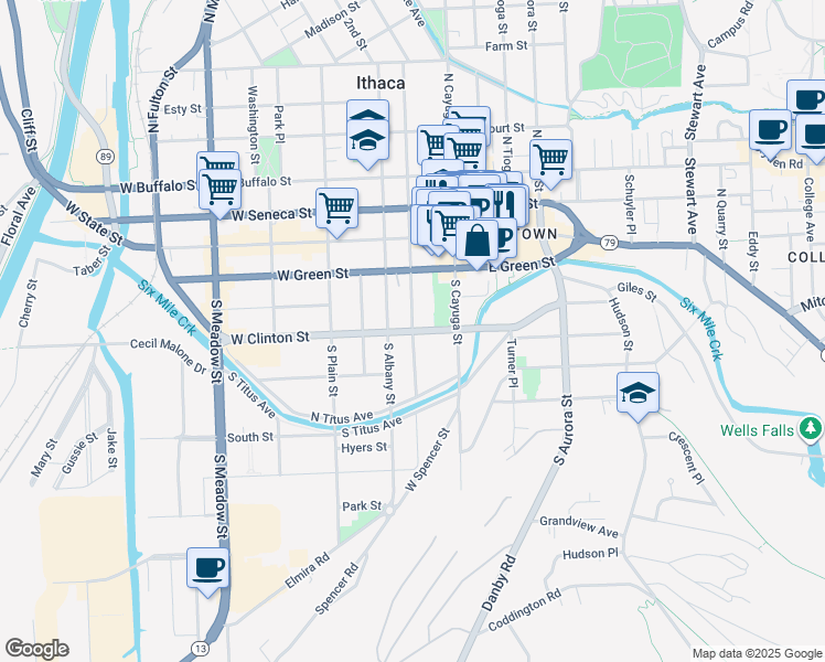 map of restaurants, bars, coffee shops, grocery stores, and more near New York 96B in Ithaca