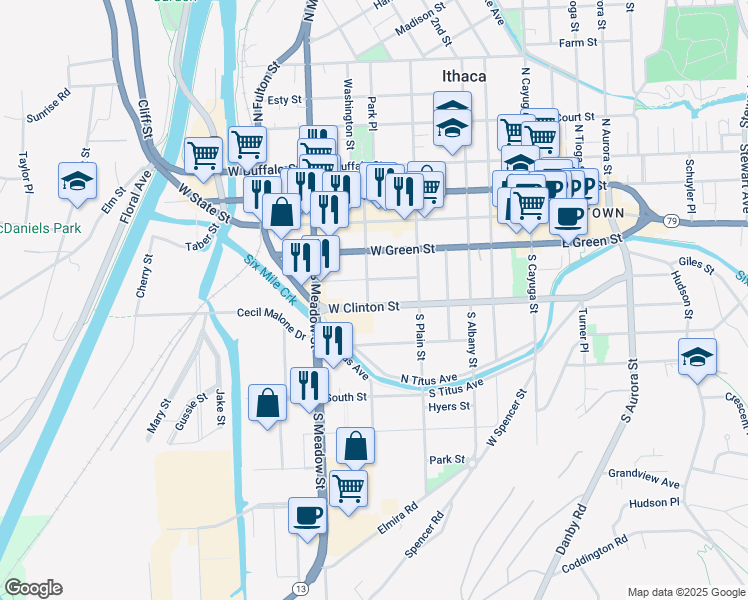 map of restaurants, bars, coffee shops, grocery stores, and more near 317 South Corn Street in Ithaca