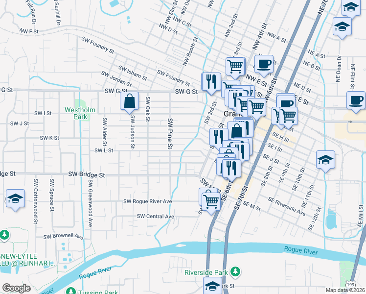 map of restaurants, bars, coffee shops, grocery stores, and more near 371 Southwest L Street in Grants Pass