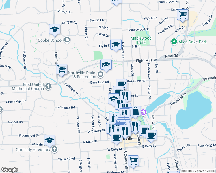 map of restaurants, bars, coffee shops, grocery stores, and more near 605 East Street in Northville