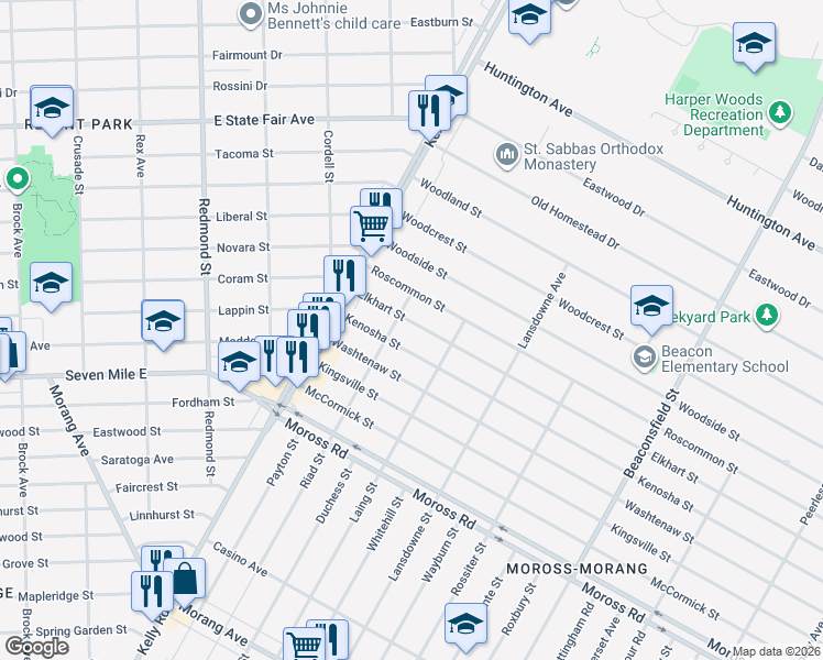 map of restaurants, bars, coffee shops, grocery stores, and more near 18721 Kenosha Street in Harper Woods
