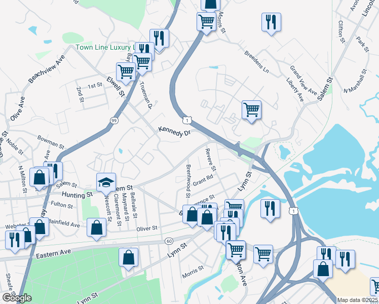 map of restaurants, bars, coffee shops, grocery stores, and more near 1300 Salem Street in Malden