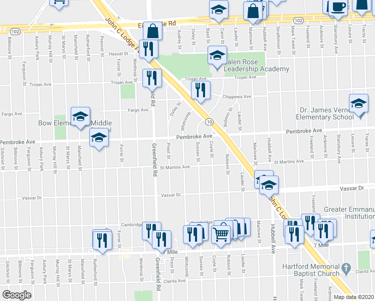 map of restaurants, bars, coffee shops, grocery stores, and more near 19766 Whitcomb Avenue in Detroit