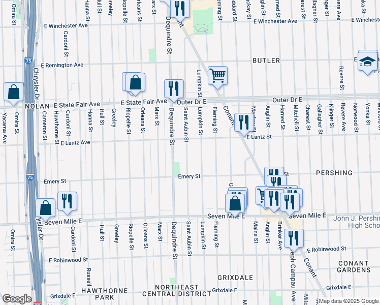 map of restaurants, bars, coffee shops, grocery stores, and more near 19375 Saint Aubin Street in Detroit