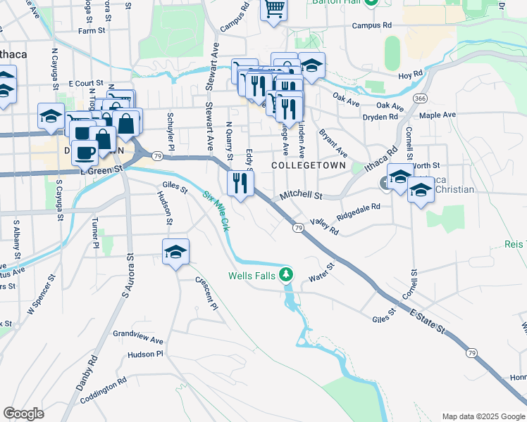 map of restaurants, bars, coffee shops, grocery stores, and more near 801 East State Street in Ithaca