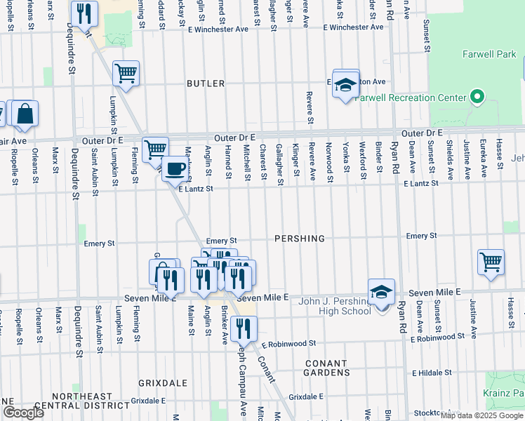 map of restaurants, bars, coffee shops, grocery stores, and more near 19363 Charest Street in Detroit