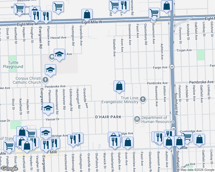 map of restaurants, bars, coffee shops, grocery stores, and more near 19779 Stahelin Avenue in Detroit