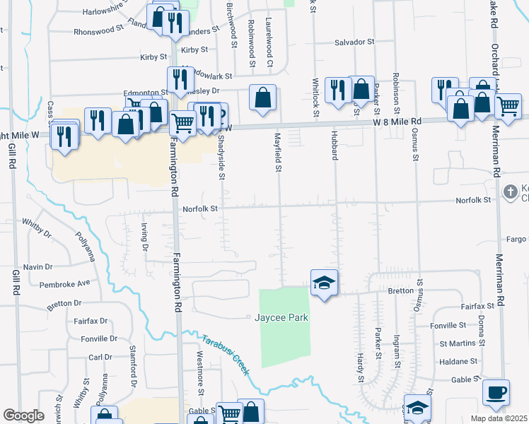 map of restaurants, bars, coffee shops, grocery stores, and more near 32719 Norfolk Street in Livonia