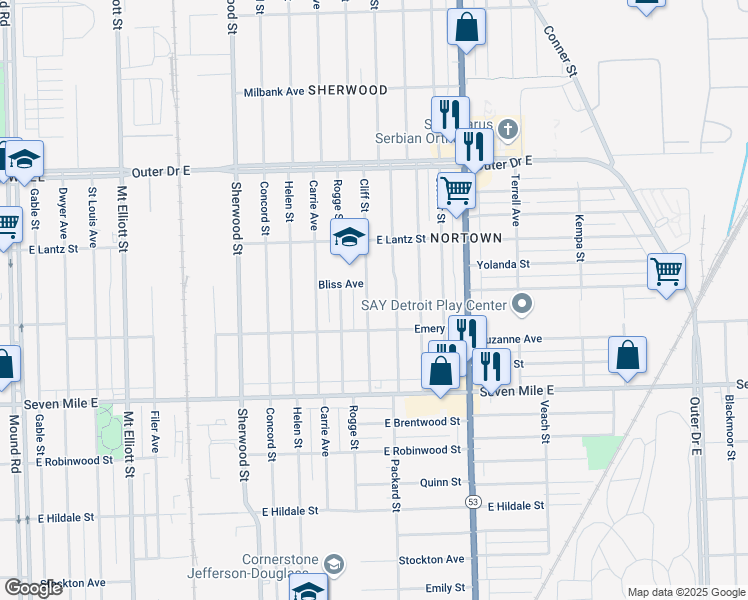 map of restaurants, bars, coffee shops, grocery stores, and more near 19364 Cliff Street in Detroit