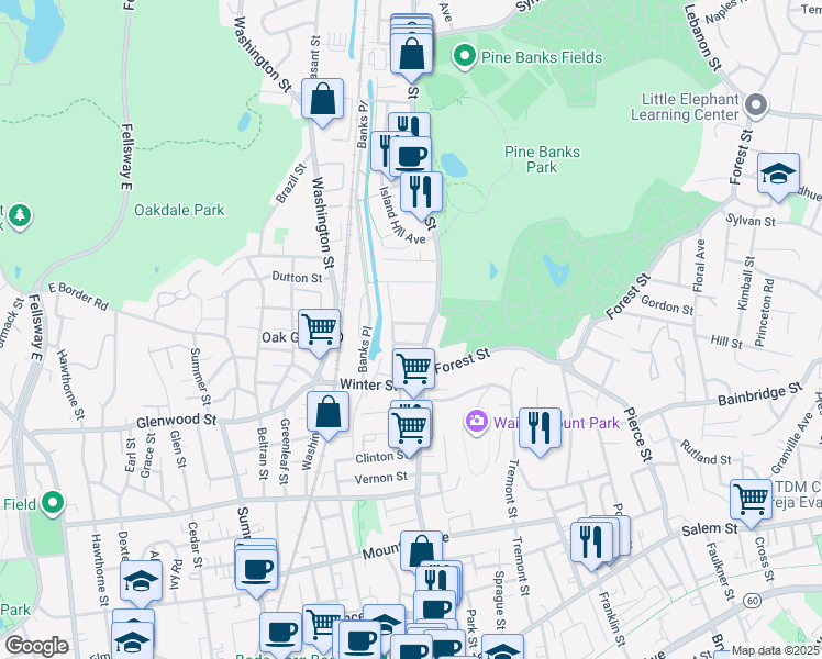 map of restaurants, bars, coffee shops, grocery stores, and more near 21 Rosemont Street in Malden