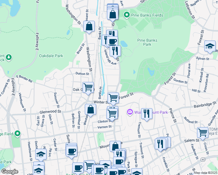 map of restaurants, bars, coffee shops, grocery stores, and more near 21 Rosemont Street in Malden