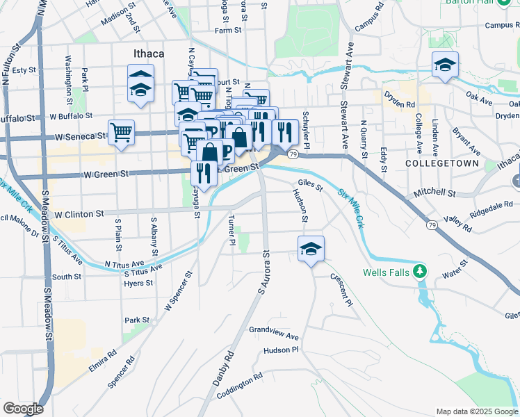 map of restaurants, bars, coffee shops, grocery stores, and more near 213 Pleasant Street in Ithaca