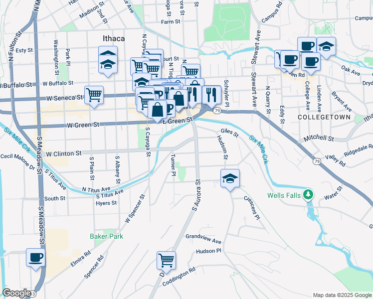 map of restaurants, bars, coffee shops, grocery stores, and more near 213 Pleasant Street in Ithaca