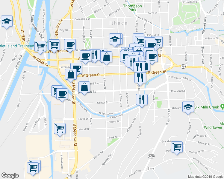 map of restaurants, bars, coffee shops, grocery stores, and more near 407 West Clinton Street in Ithaca
