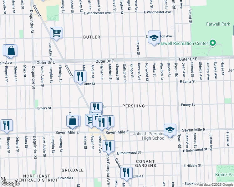 map of restaurants, bars, coffee shops, grocery stores, and more near 19363 Charest Street in Detroit