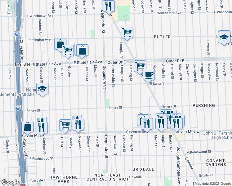map of restaurants, bars, coffee shops, grocery stores, and more near 19375 Saint Aubin Street in Detroit