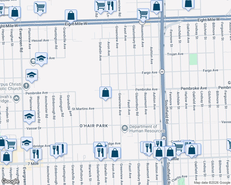 map of restaurants, bars, coffee shops, grocery stores, and more near 19783 Greenview Avenue in Detroit