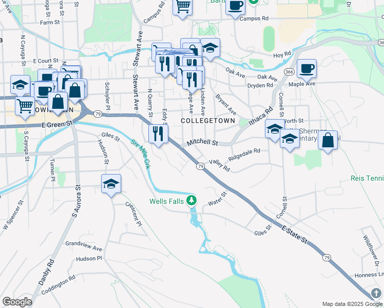 map of restaurants, bars, coffee shops, grocery stores, and more near 914 East State Street in Ithaca