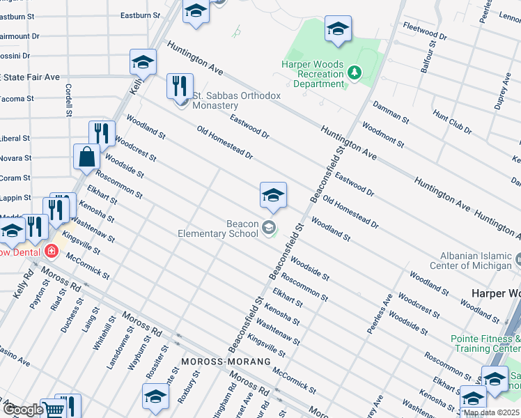 map of restaurants, bars, coffee shops, grocery stores, and more near 19347 Woodcrest Street in Harper Woods