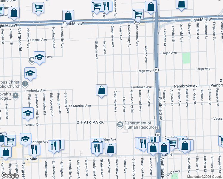 map of restaurants, bars, coffee shops, grocery stores, and more near 19783 Greenview Avenue in Detroit