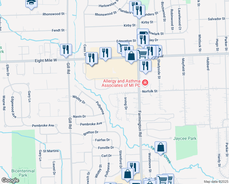 map of restaurants, bars, coffee shops, grocery stores, and more near 20147 Myron Drive in Livonia
