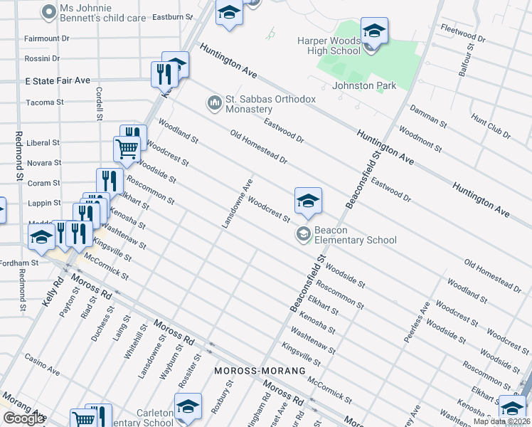 map of restaurants, bars, coffee shops, grocery stores, and more near 19198 Woodcrest Street in Harper Woods