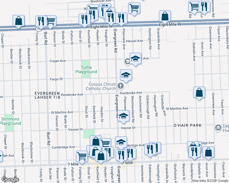 map of restaurants, bars, coffee shops, grocery stores, and more near 19811 Evergreen Road in Detroit