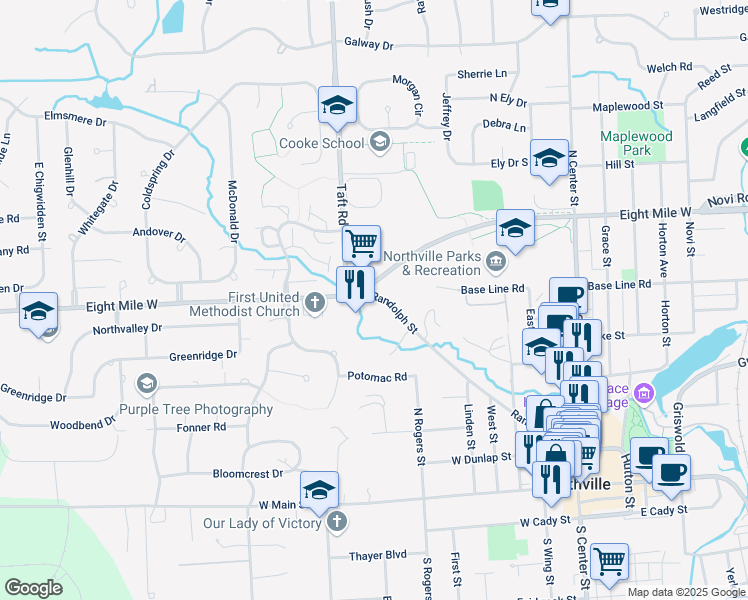 map of restaurants, bars, coffee shops, grocery stores, and more near 715 Randolph Street in Northville