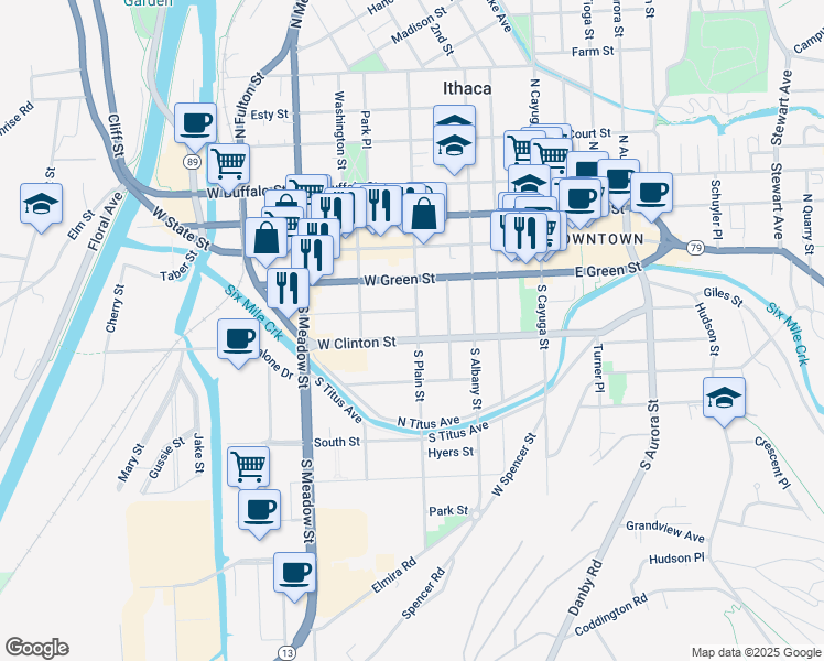 map of restaurants, bars, coffee shops, grocery stores, and more near 314 South Plain Street in Ithaca