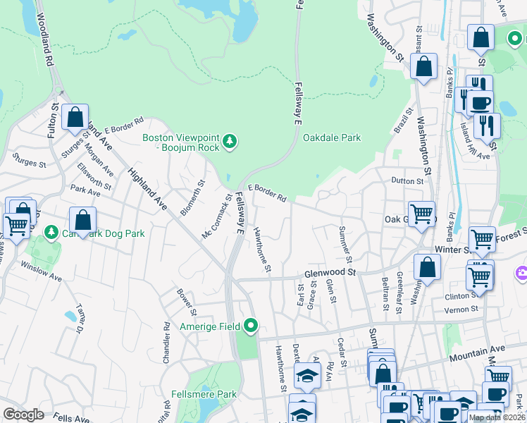 map of restaurants, bars, coffee shops, grocery stores, and more near 541 Fellsway East in Malden