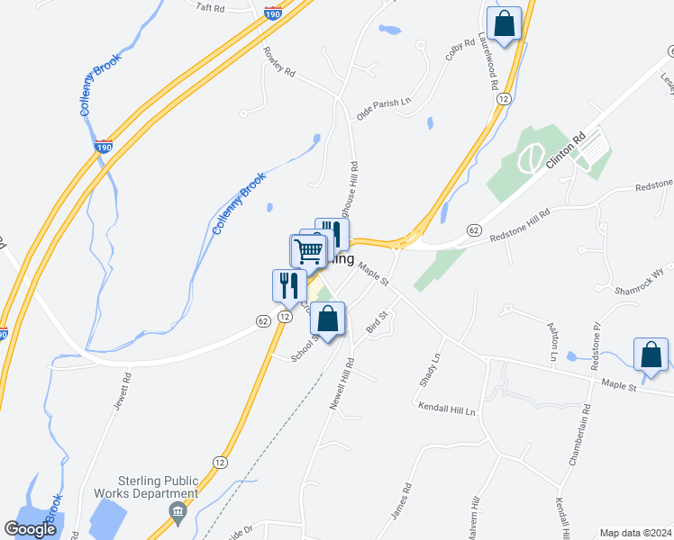 map of restaurants, bars, coffee shops, grocery stores, and more near 2 Pine Street in Sterling