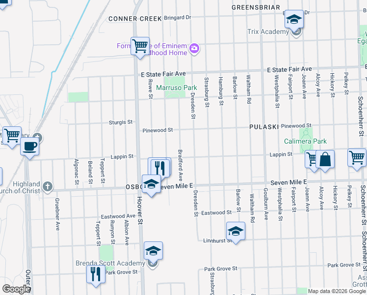 map of restaurants, bars, coffee shops, grocery stores, and more near 19302 Bradford Avenue in Detroit