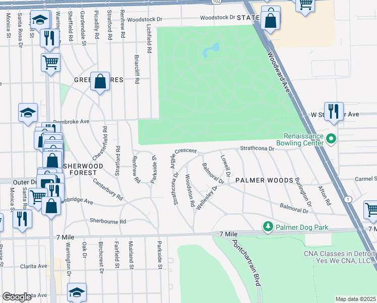 map of restaurants, bars, coffee shops, grocery stores, and more near 1900 Strathcona Drive in Detroit