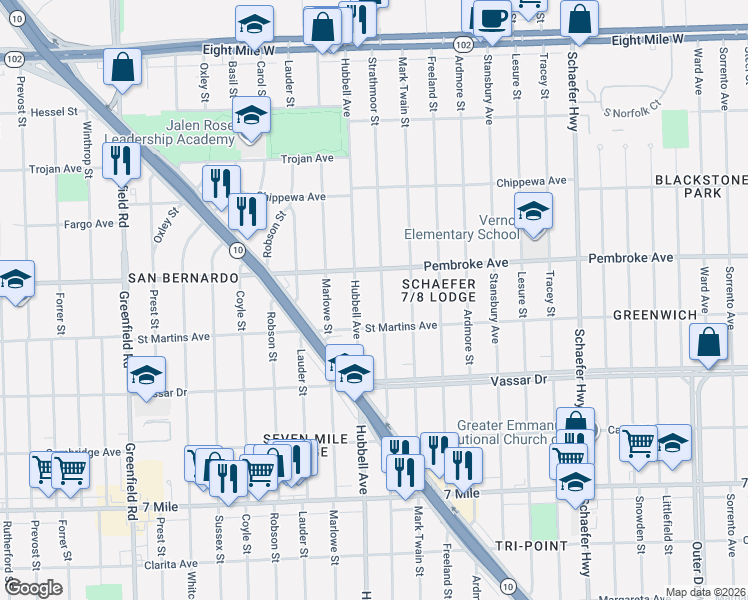 map of restaurants, bars, coffee shops, grocery stores, and more near 19732 Hubbell Avenue in Detroit