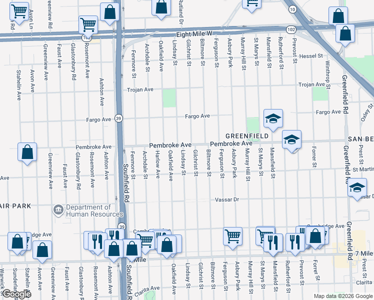 map of restaurants, bars, coffee shops, grocery stores, and more near 19768 Lindsay Street in Detroit