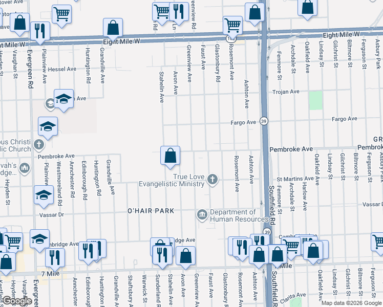 map of restaurants, bars, coffee shops, grocery stores, and more near 19783 Greenview Avenue in Detroit