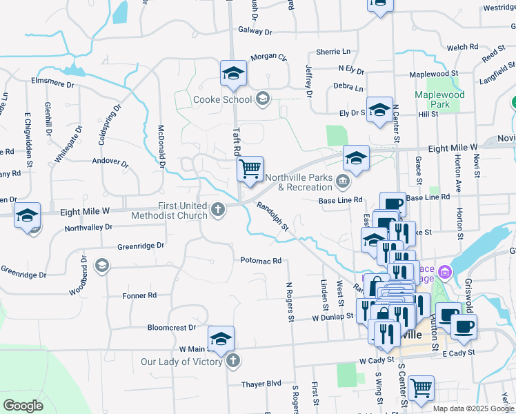 map of restaurants, bars, coffee shops, grocery stores, and more near 619 Randolph Street in Northville