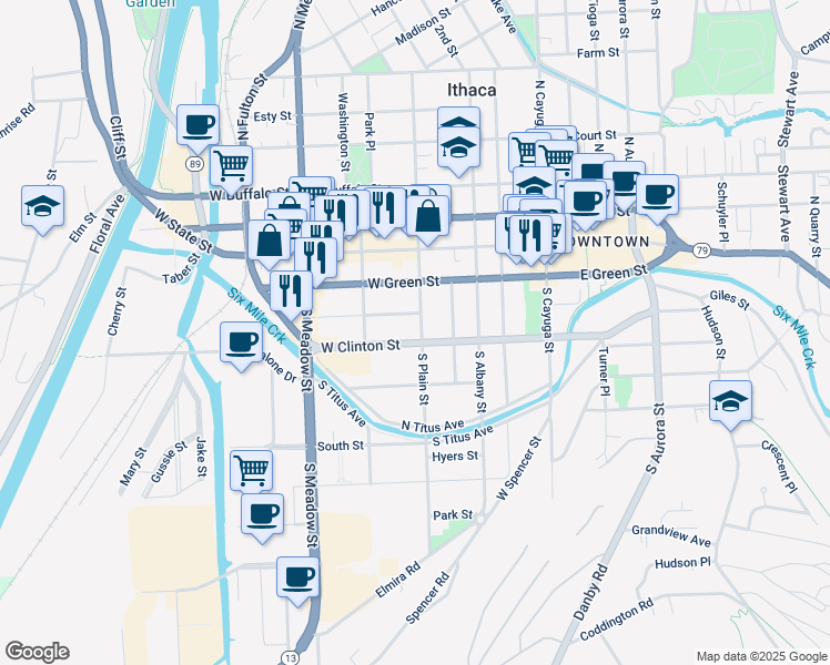map of restaurants, bars, coffee shops, grocery stores, and more near 314 South Plain Street in Ithaca