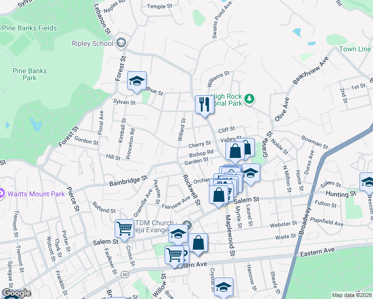 map of restaurants, bars, coffee shops, grocery stores, and more near 54 Cherry Street in Malden