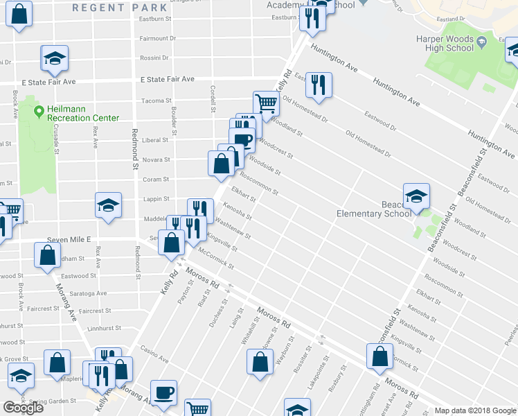 map of restaurants, bars, coffee shops, grocery stores, and more near 18704 Elkhart Street in Harper Woods
