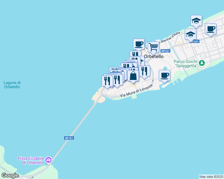 map of restaurants, bars, coffee shops, grocery stores, and more near 190 Corso Italia in Orbetello