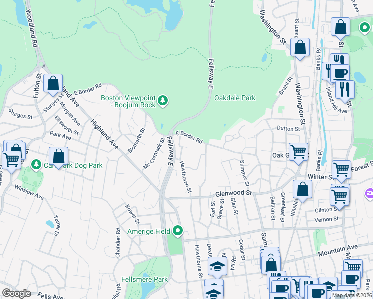 map of restaurants, bars, coffee shops, grocery stores, and more near 541 Fellsway East in Malden