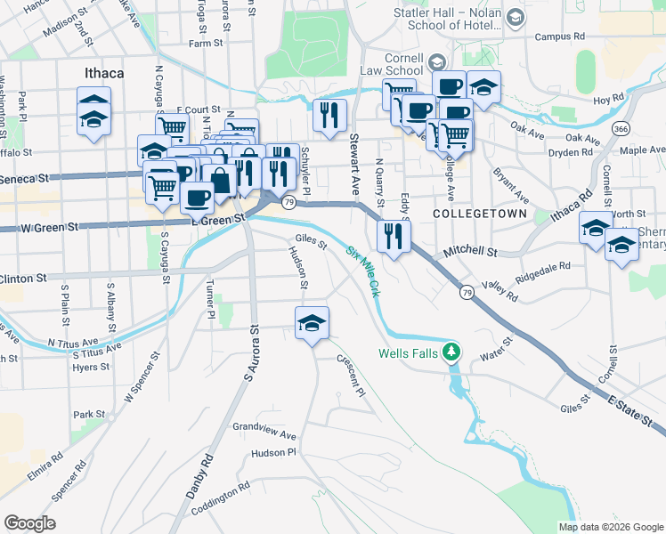 map of restaurants, bars, coffee shops, grocery stores, and more near 120 James Street in Ithaca
