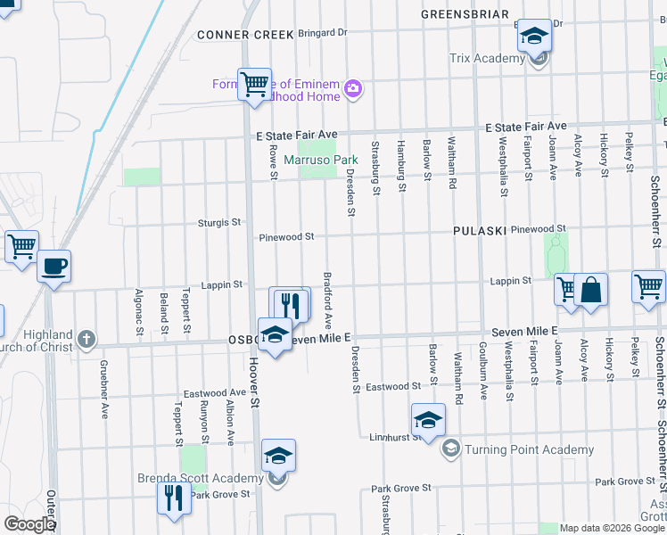 map of restaurants, bars, coffee shops, grocery stores, and more near 19302 Bradford Avenue in Detroit